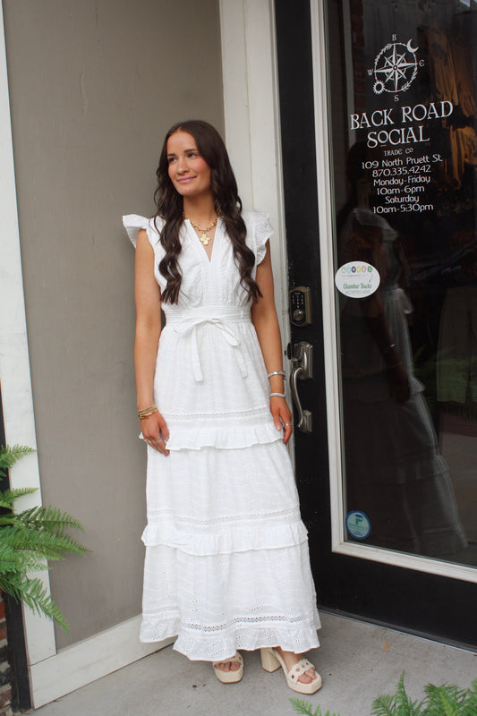 Eyelet Lace Ruffle Sleeves Tiered Maxi Dress