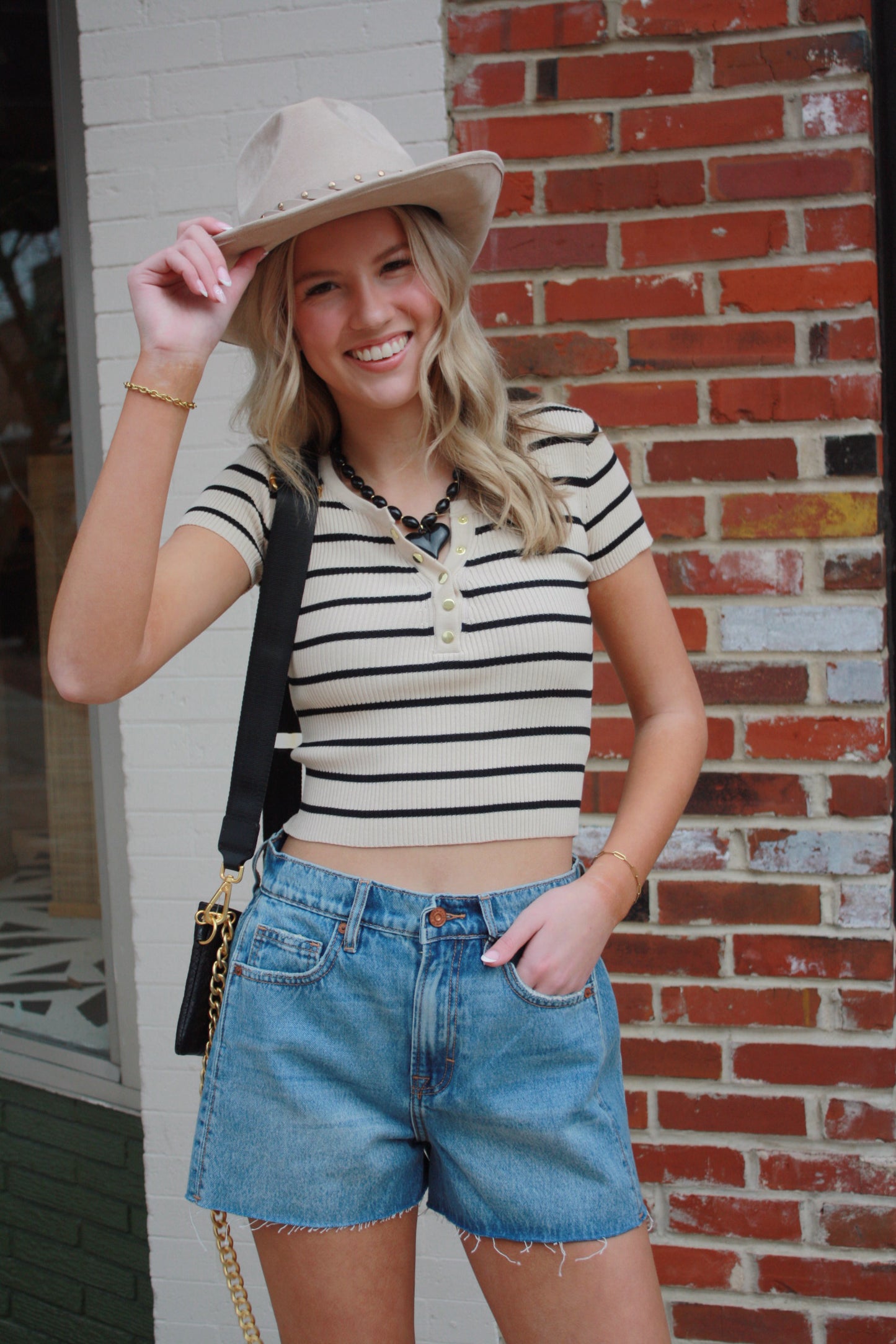 Snap Button Stripe Ribbed Knit Summer Top