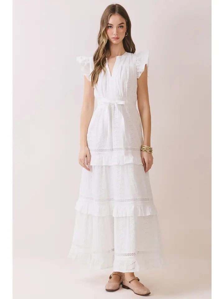 Eyelet Lace Ruffle Sleeves Tiered Maxi Dress