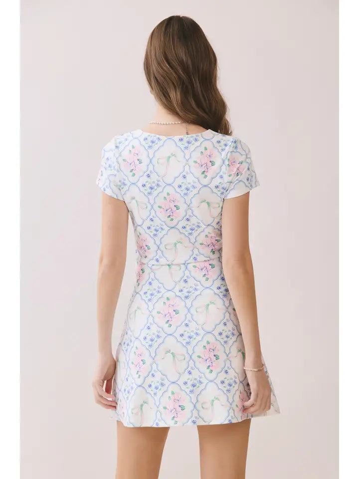 retro floral mini dress Vintage Floral Print Square Neck Mini Dress
