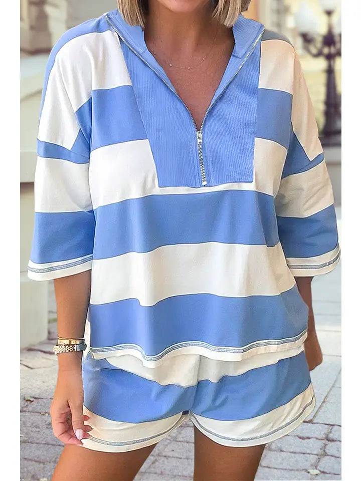 Striped Half Zip Oversize Tee