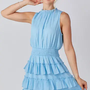 Round Neck Ruffle Detail Mini Dress