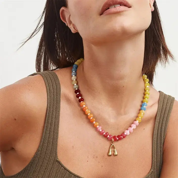 Stone Bead with 18K Gold Plated Initial Pendant Necklace