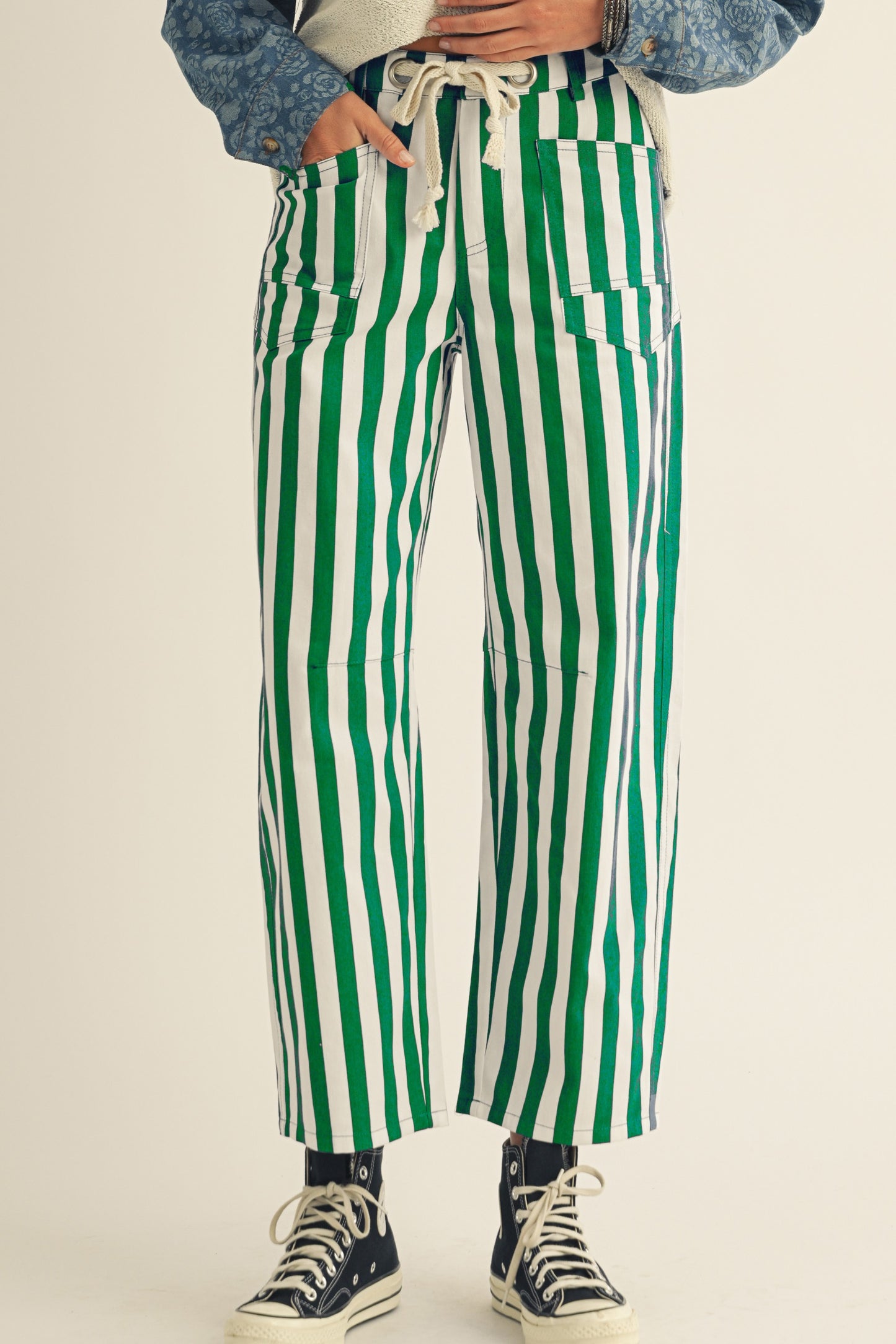 Cotton Striped Pocket Rope String Pants
