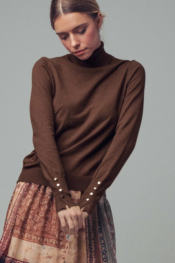 Gold Button Cuff Fitted Turtleneck Sweater