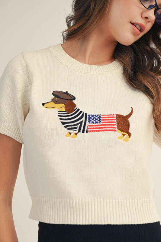 French Dachshund 4th Of July Embroidered Sweater