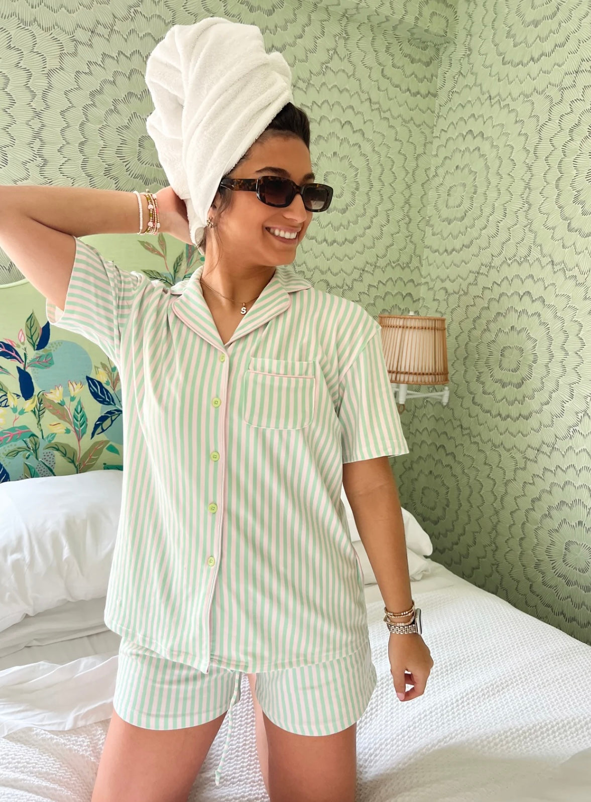 Green + Pink Stripe - Short Pajama Set – Backroad Social Trade Co.