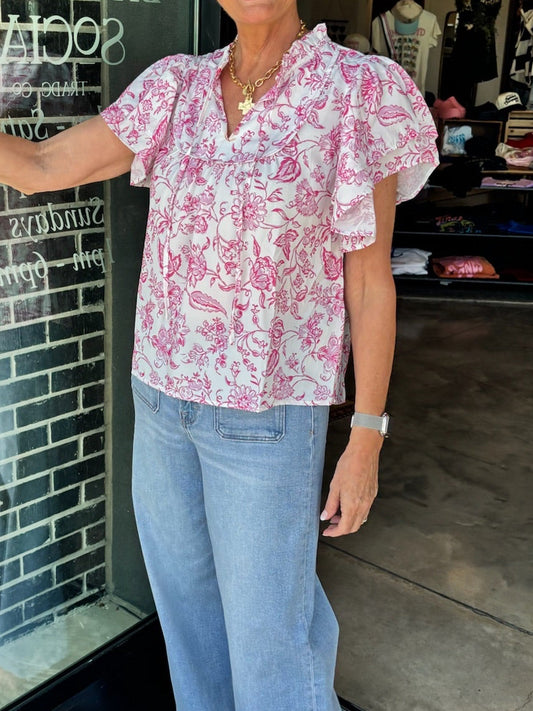Pink Floral Ruffle Sleeve Top