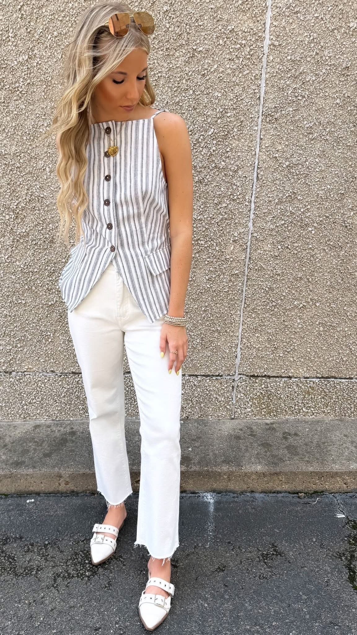 Stripe Tailored Vest with Front-Slit Hem