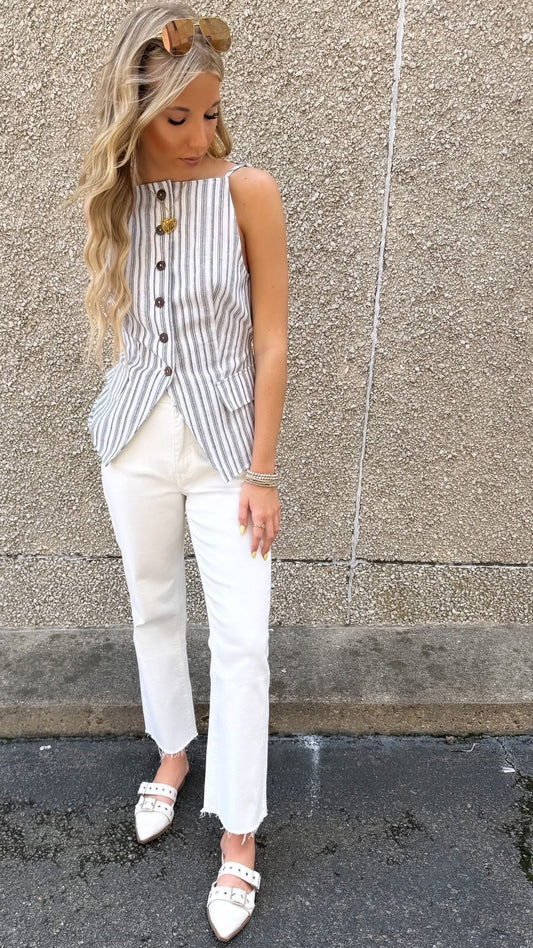 Stripe Tailored Vest with Front-Slit Hem