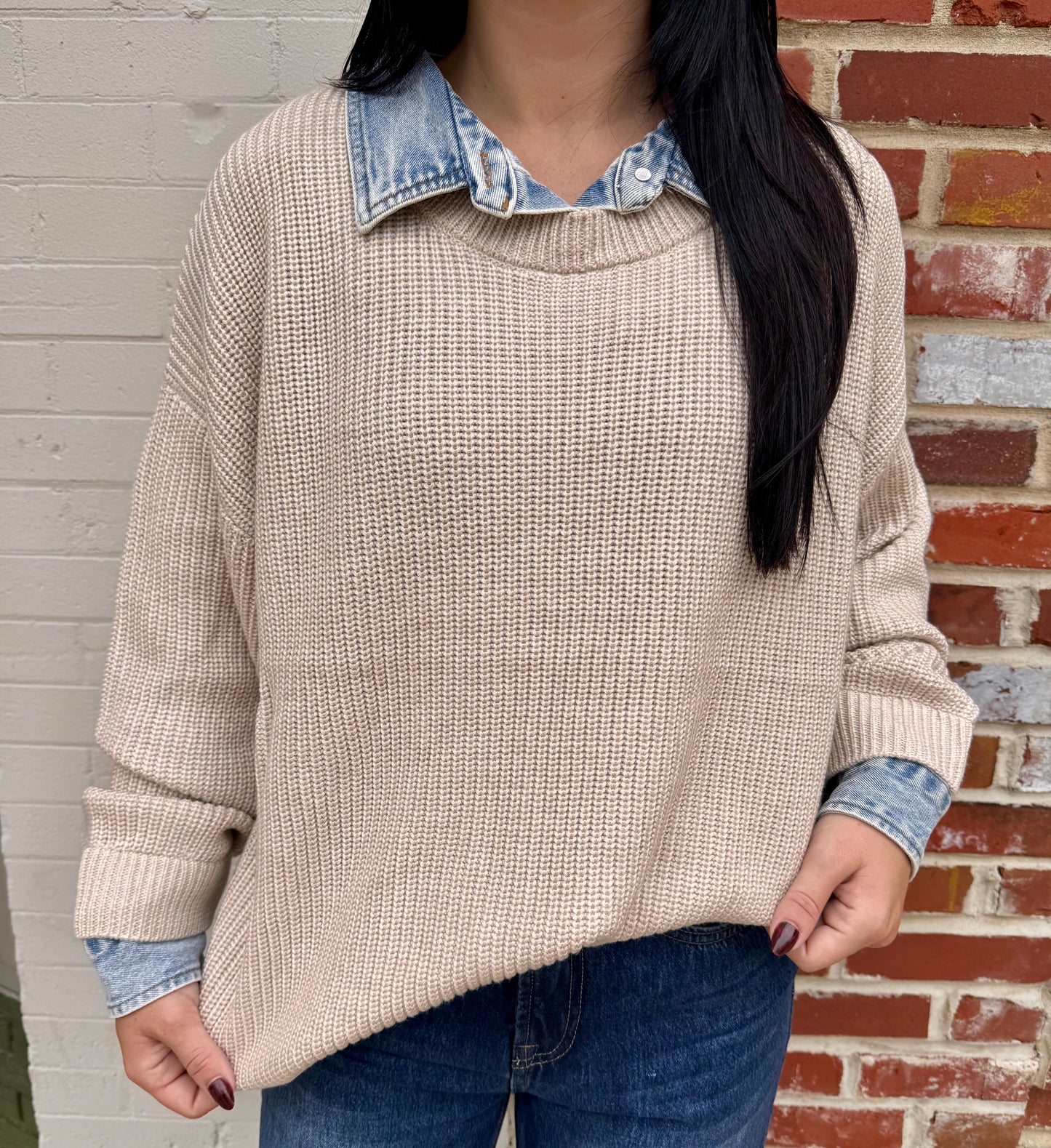Taupe Sweater w/ Denim Collar Cuff