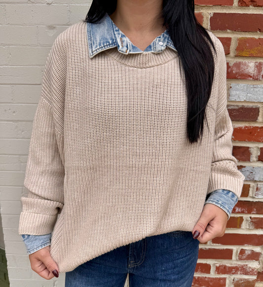 Taupe Sweater w/ Denim Collar Cuff