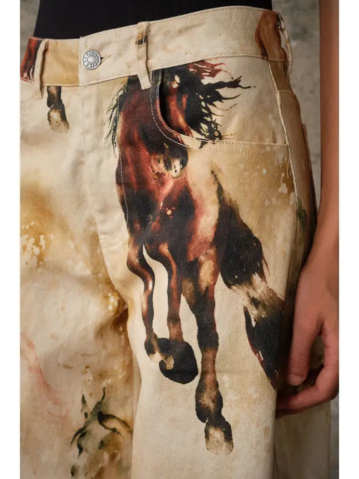Western Horse Print Twill Barrel Pants