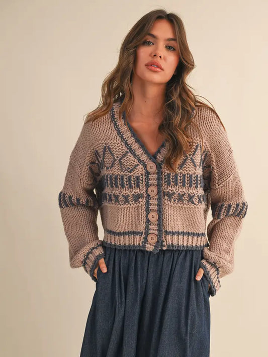 Patterned Cropped Sweater Cardigan