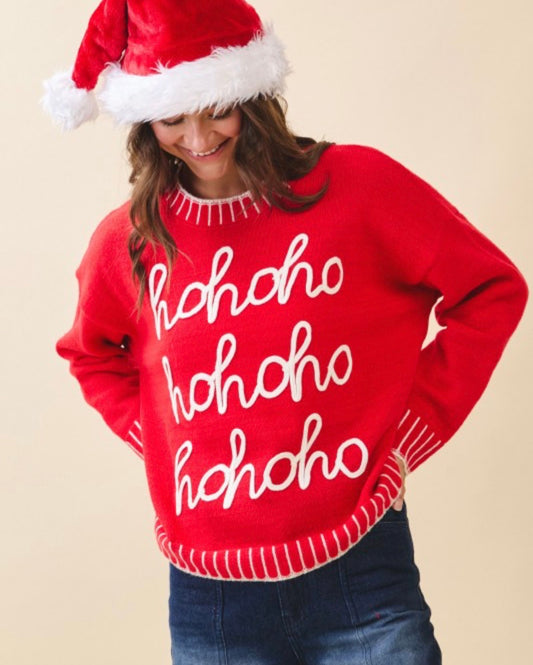 "HoHoHo" textured ribbed soft sweater
