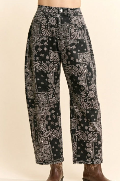 Black Bandana Print High-Rise Barrel Pants