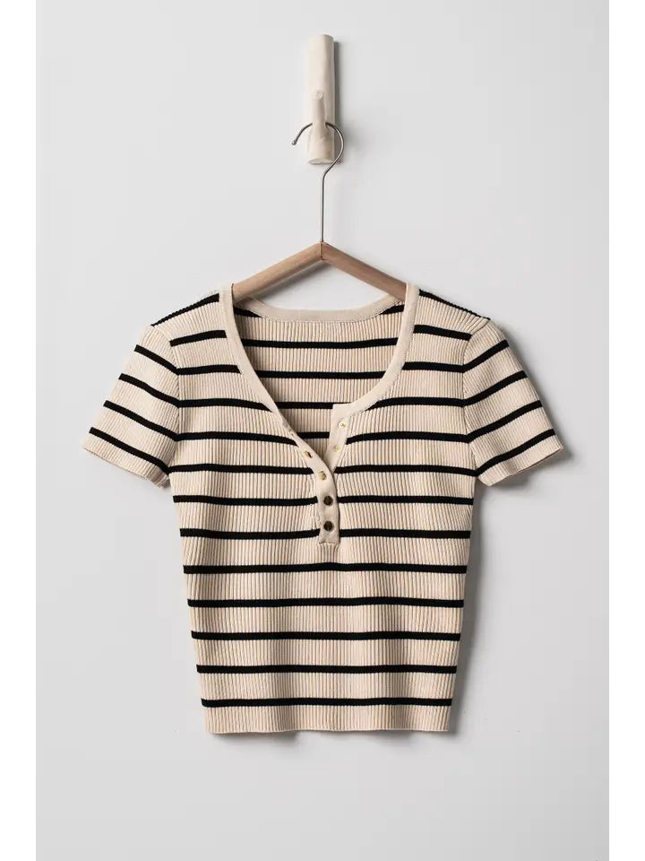 Snap Button Stripe Ribbed Knit Summer Top