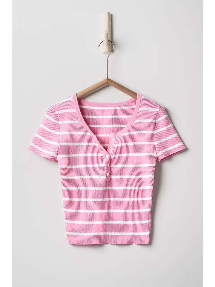 Snap Button Stripe Ribbed Knit Summer Top