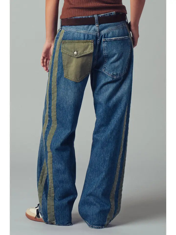 Wide-Leg Utility Stripe Denim Jeans