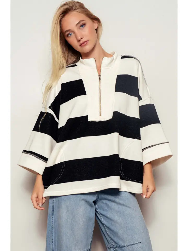 Oversized Half Zip Bold Stripe Statement Pullover