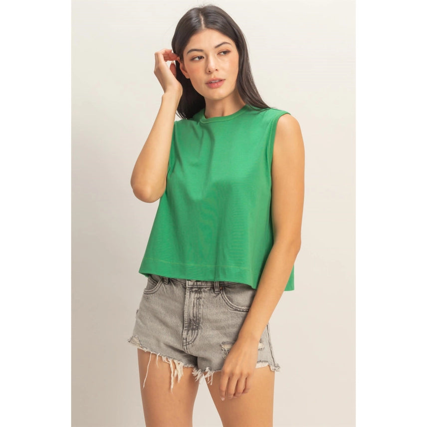 Sleeveless Crew Neck Top with Back Pleats