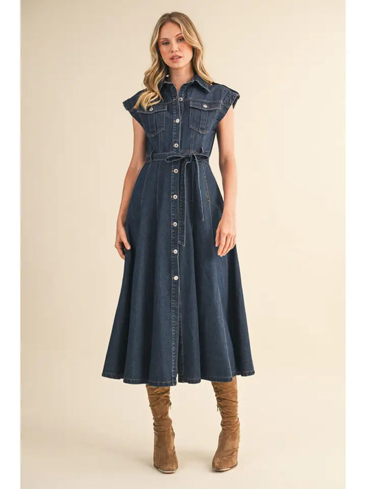 Belted Denim Short Sleeve Button Down Midi Dress