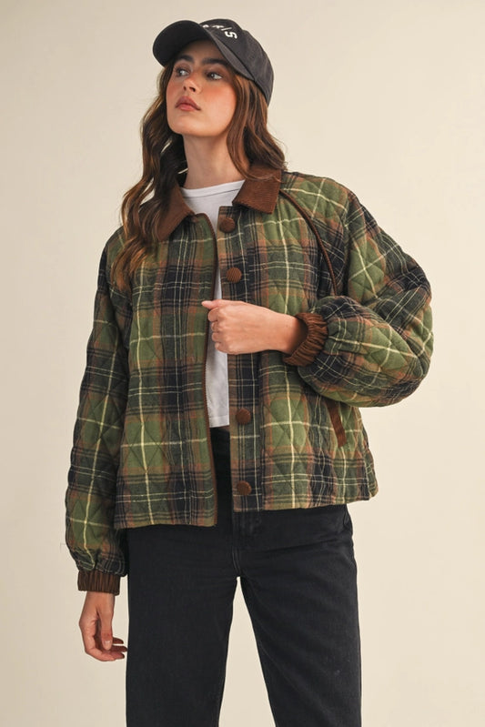 Plaid Quilted Jacket with Contrast Corduroy Detail