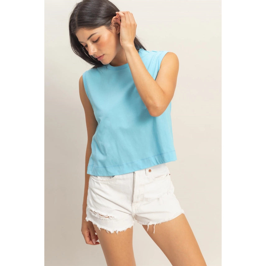 Sleeveless Crew Neck Top with Back Pleats