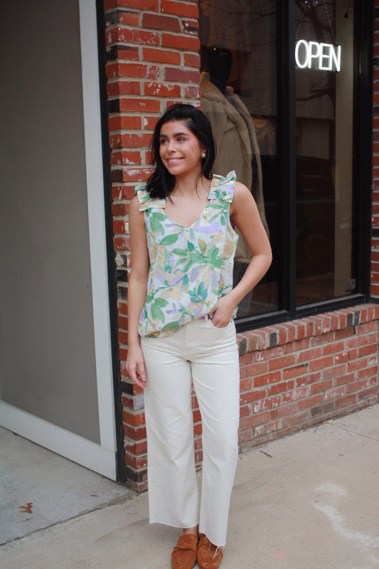 V Neck Ruffled Print Top