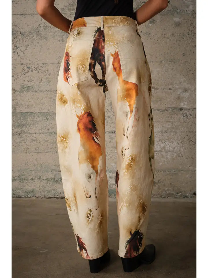 Western Horse Print Twill Barrel Pants