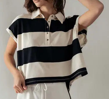 Bold Striped Dolman Sleeve Polo Shirt