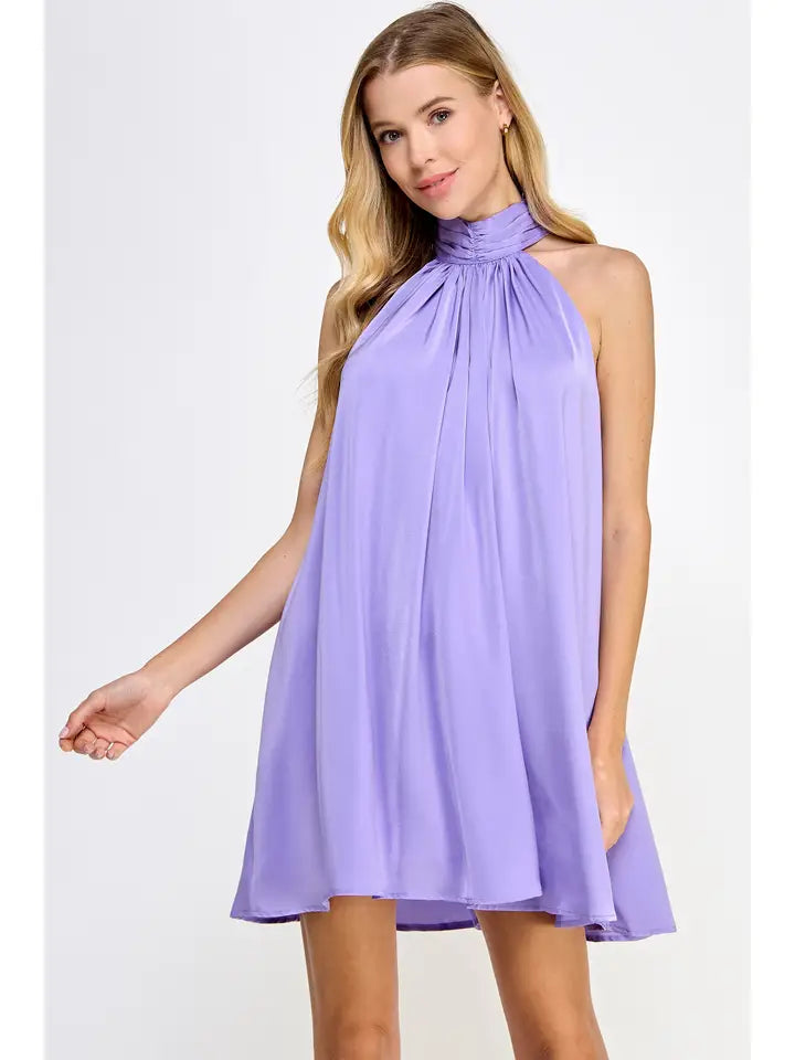 Mock Neck Halter Satin Mini Dress