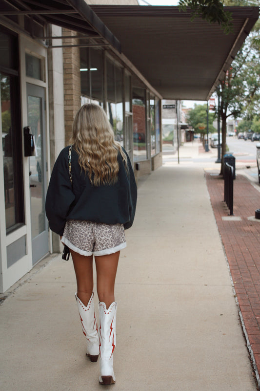 Spring Elastic Waist Cuffed Print Shorts Leopard