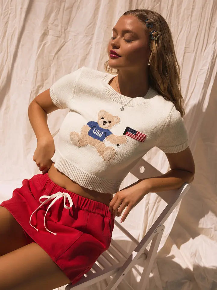 "Teddy Bear with USA Flag" Graphic Crew Neck Sweater Top