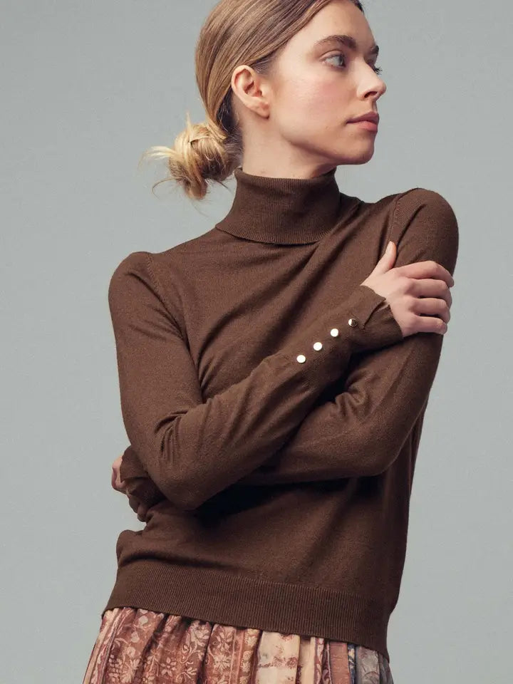 Gold Button Cuff Fitted Turtleneck Sweater