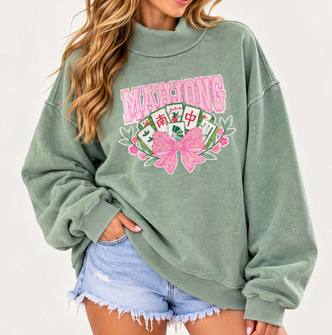 Mahjong Sequin Green Mock Neck