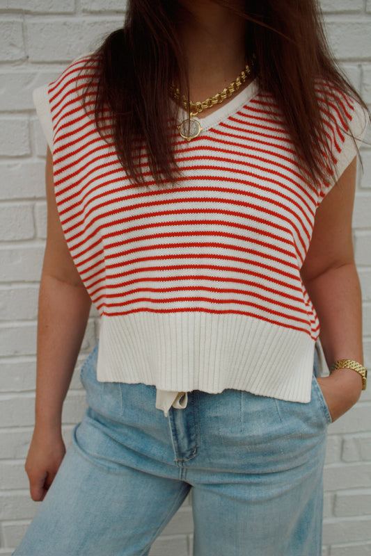 V-Neck Stripe Collar Knitted Top