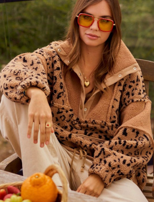 Fleece Zipper Front Leopard Pullover