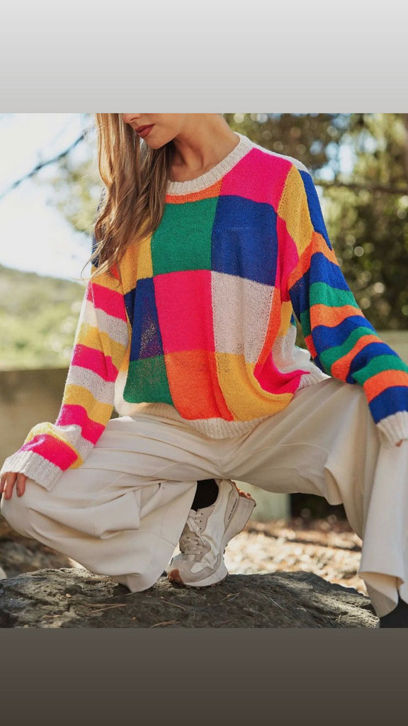 Checkerboard Color Block Pullover Sweater