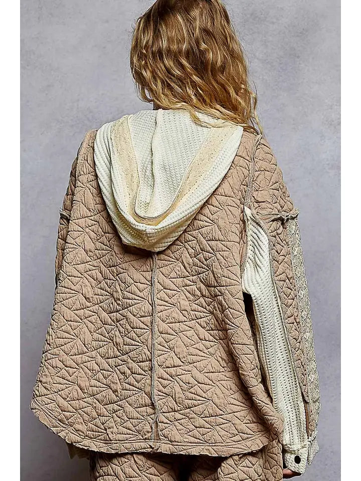 Long Sleeve Solid Stitch Edge Quilted Woven Hoodie