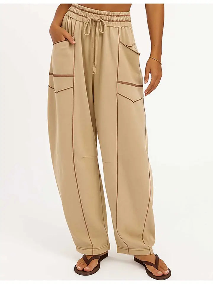 Contrast Stitching Elastic Waist Drawstring Barrel Pants