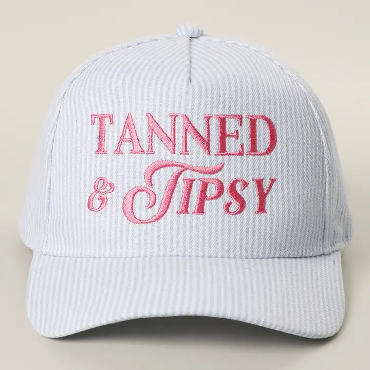 Tanned & Tipsy Embroidered Seersucker Stripe Trucker Hat