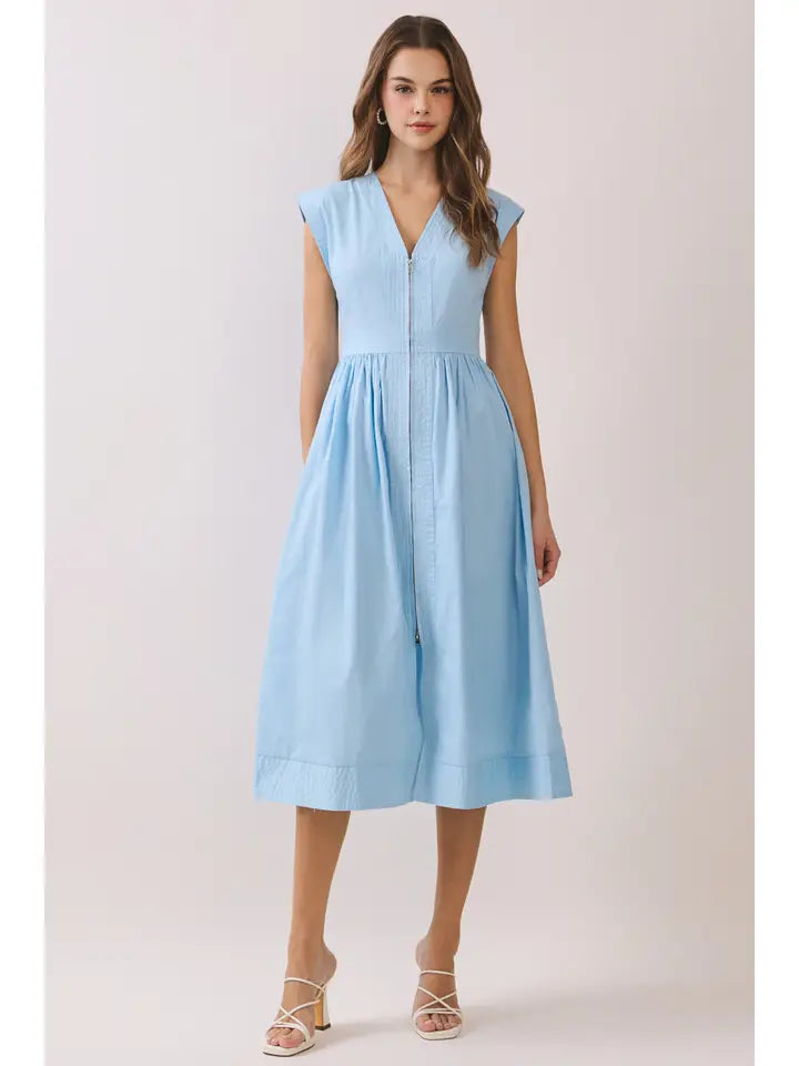 Cap Sleeve V Neck Midi Dress with Front Zipper