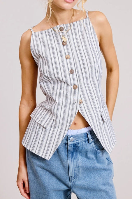 Stripe Tailored Vest with Front-Slit Hem