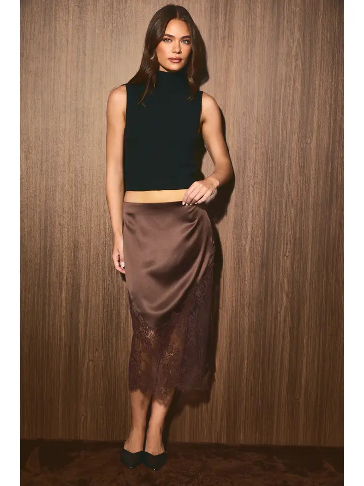 Lace Trim Satin Slip Midi Skirt