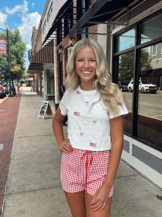 "USA Flag with Bow" Print Short Sleeve Crew Neck Baby Tee