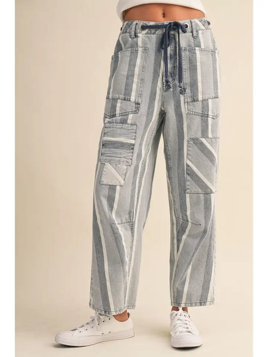 Stripe Tapered Barrel Patch Pocket Pants