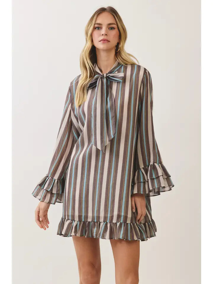 striped bow tie ruffle mini dress