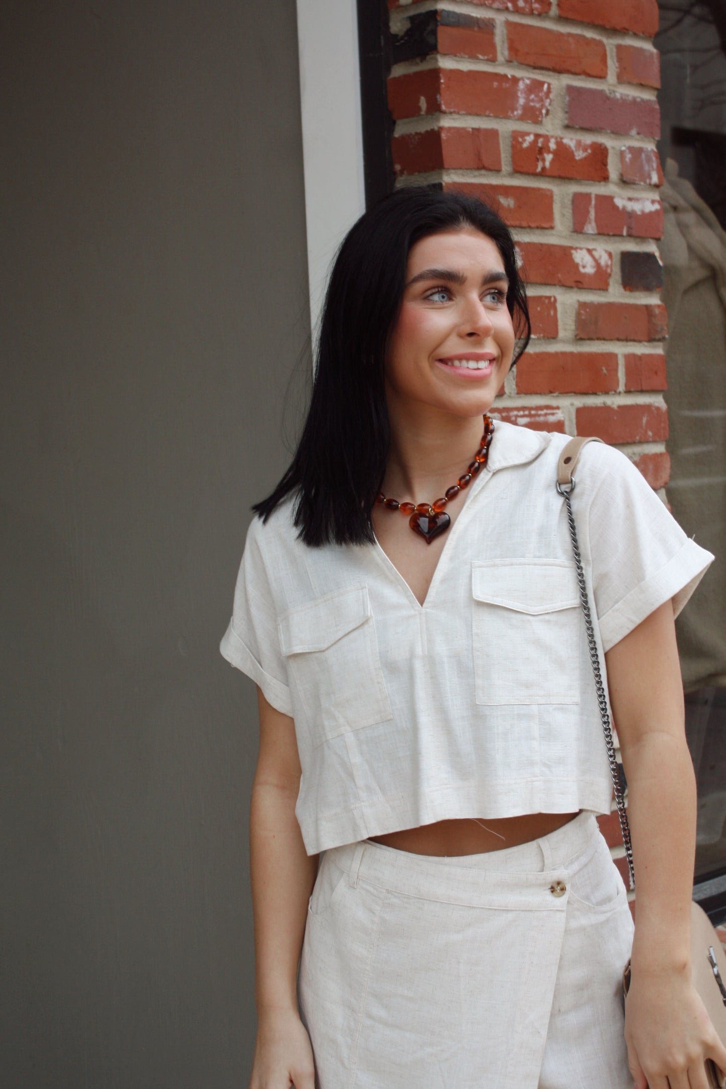 Natural Linen-Blend Collared Top