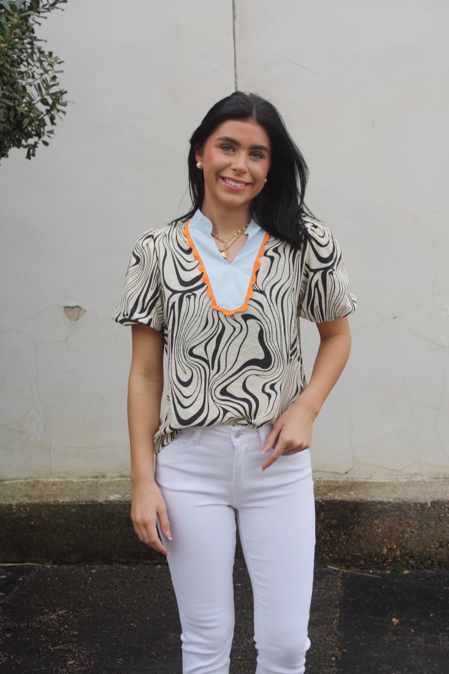 Zebra Stripe Print Contrast V-Neck Ricrac Blouse